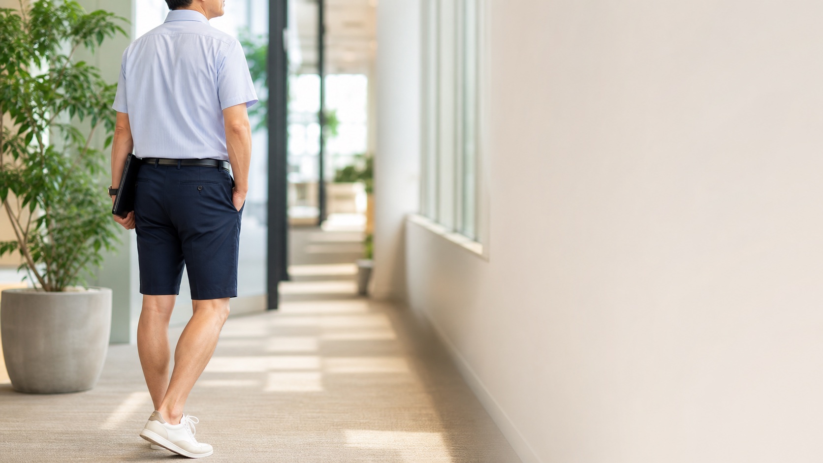 夏の明るいオフィスでハーフパンツを着用して歩く男性会社員の後ろ姿