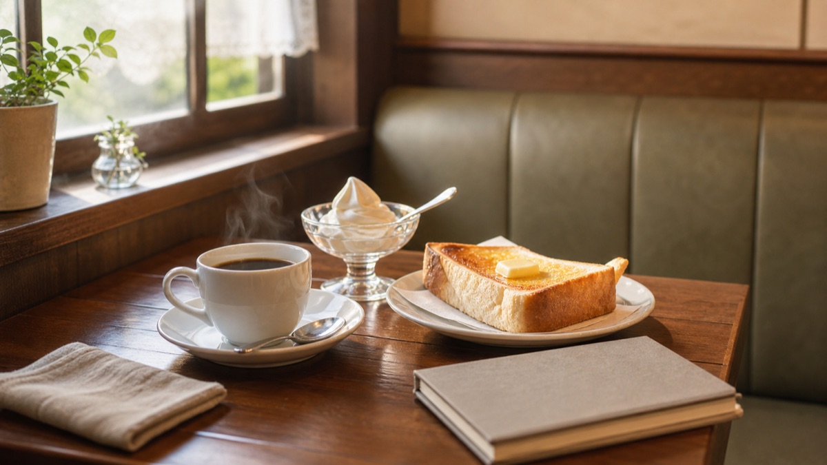 朝の喫茶店でコーヒー、厚切りトースト、デザートを並べた落ち着いたテーブル風景