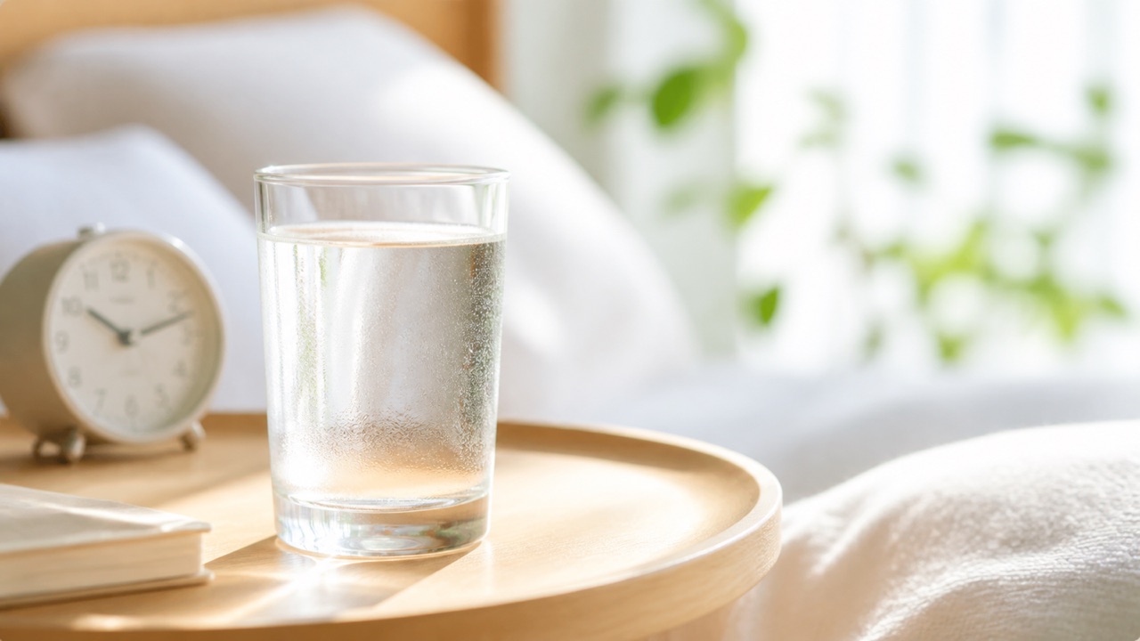 朝のベッドサイドに置かれた透明なコップの水とやわらかな朝日