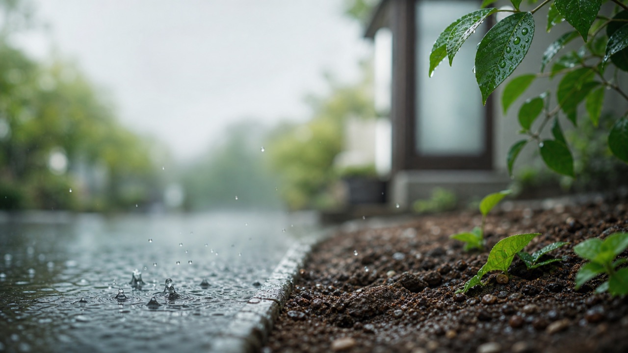 雨粒が土と舗装に落ち、濡れた葉が写る雨の匂いをイメージした写真