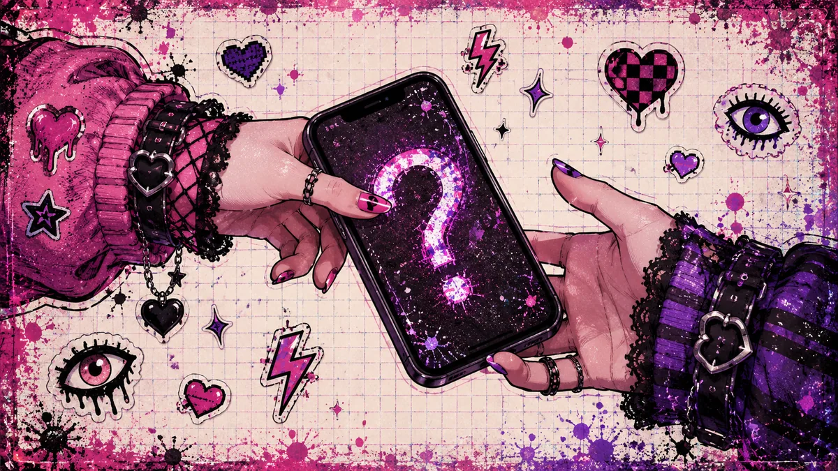 ピンクの袖の手から紫の袖の手へ、？マークのスマホが渡されるイラスト